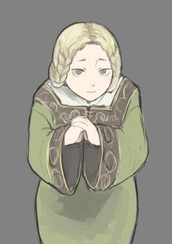 1girl blonde_hair braid braided_hair_rings closed_mouth commentary_request dress elden_ring green_dress green_eyes grey_background hair_rings highres hunched_over long_sleeves looking_at_viewer ornate_clothes own_hands_together rya_(elden_ring) short_hair simple_background slit_pupils slouching snake_girl solo upper_body yamanobori