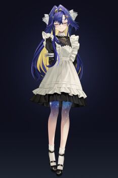 1girl 3d apron arms_behind_back black_background black_dress black_hairband black_shoes blonde_hair blue_hair blush closed_eyes closed_mouth colored_inner_hair dress frilled_apron frills full_body gradient_skin hair_intakes hair_ornament hairband highres juliet_sleeves long_hair long_sleeves multicolored_hair puffy_sleeves reverse:1999 sacha_(un_782) school_uniform shoes short_dress smile socks solo soviet_school_uniform standing star_(symbol) star_hair_ornament starry_skin very_long_hair voyager_(reverse:1999) white_apron white_socks