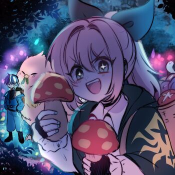 +_+ 1boy 1girl :d animal bird black_gloves cape commentary double-parted_bangs english_commentary fingerless_gloves forest gloves green_cape green_eyes hair_between_eyes highres holding holding_mushroom long_sleeves looking_at_viewer medium_hair mushroom nature open_mouth original oversized_animal pink_hair ryuuxin shirt smile solo_focus upper_body v-shaped_eyebrows white_shirt