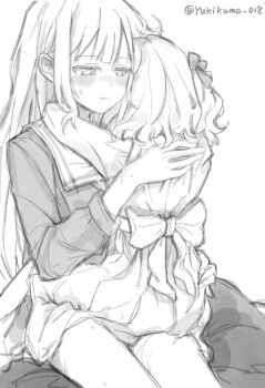 2girls age_difference aged_down arms_around_neck back_bow bang_dream! bang_dream!_it&#039;s_mygo!!!!! blush bow chinese_commentary closed_mouth commentary_request dress greyscale hair_ribbon hand_on_another&#039;s_back hand_on_another&#039;s_hip height_difference highres hug long_hair long_sleeves looking_at_another looking_to_the_side medium_hair monochrome multiple_girls mutual_hug nose_blush onee-loli ribbon sailor_collar school_uniform sidelocks simple_background sitting sitting_on_person straddling straight-on sweat sweatdrop thighs time_paradox togawa_sakiko tsukinomori_school_uniform upright_straddle wakaba_mutsumi white_background winter_uniform yukikuma_(yukikuma_018) yuri