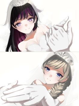 2girls absurdres bare_shoulders black_hair blue_eyes blush braid breasts bridal_veil bride cleavage closed_mouth columbina_(genshin_impact) commentary_request dress elbow_gloves female_focus genshin_impact gloves grey_hair highres holding_hands jewelry looking_at_another medium_breasts multicolored_hair multiple_girls off-shoulder_dress off_shoulder purple_eyes purple_streaks pyipyimime ring sandrone_(genshin_impact) see-through_clothes see-through_veil simple_background single_braid smile streaked_hair veil wedding_dress wedding_ring white_background white_dress wife_and_wife yuri
