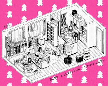 Rule 34 | 2girls, baby walkure, bowl, commentary request, copyright name, couch, curtains, door, dummy, eating, enya honami, fukagawa mahiro, greyscale with colored background, hand up, highres, holding, holding weapon, interior, kitchen, lying, multiple girls, on back, shelf, short sleeves, shorts, sink, sitting, standing, sugimoto chisato, toaster oven, weapon