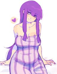 Rule 34 | 1girl, absurdres, bags under eyes, blush, breasts, cleavage, commentary, dress, english commentary, head tilt, highres, jess (p2eocene), large breasts, long hair, looking at viewer, patchouli knowledge, plump, purple eyes, purple hair, sitting, sketch, smile, solo, strapless, strapless dress, striped clothes, striped dress, touhou, very long hair