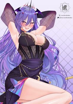 1girl armpits arms_behind_head artist_logo black_dress breasts crescent dress earrings hair_between_eyes head_wings heart highres indie_virtual_youtuber jewelry landacdeus logo long_hair mythia_batford patreon_username purple_hair purple_wings red_eyes solo tongue tongue_out twitter_username virtual_youtuber wings