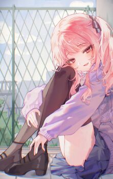Rule 34 | 1other, absurdres, against wall, akiyama mizuki, androgynous, aran sweater, black shoes, black thighhighs, blue skirt, bow, cable knit, chain-link fence, commentary, fence, hair bow, head on knees, highres, iblos1202, knee up, long hair, looking at viewer, mary janes, open mouth, pink eyes, pink hair, pleated skirt, project sekai, purple sweater, shoes, sidelocks, sitting, skirt, sleeves past wrists, smile, solo, striped bow, sweater, thighhighs, vertical-striped bow