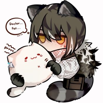 1girl animal_ears animal_hands arknights blob cat chibi commentary english_commentary english_text grey_hair highres long_hair poking ponytail raccoon_ears raccoon_girl raccoon_tail robin_(arknights) shirt simple_background solo speech_bubble sweatdrop tail thought_bubble upper_body white_background white_shirt yellow_eyes yuutama2804