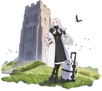 1girl artist_request azur_lane bird black_boots black_dress black_gloves blue_eyes boots cellphone closed_eyes coat dress eagle gloves hair_intakes hand_in_pocket highres holding holding_phone long_hair long_sleeves looking_at_viewer luggage official_alternate_costume official_art open_mouth phone rolling_suitcase silver_hair smartphone smile solo suitcase transparent_background white_coat yorktown_(azur_lane) yorktown_(saintly_wings)_(azur_lane)