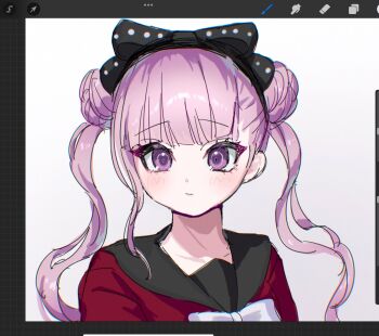 1girl black_bow blush bow closed_mouth collarbone eyebrows eyelashes female_focus hair_bow highres looking_at_viewer matching_hair/eyes pink_eyes pink_hair simple_background solo the_hundred_line_-last_defense_academy- tsukumo_kako twintails unfinished upper_body white_background