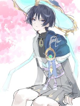 1boy aqua_gem arms_at_sides belt black_belt black_bodysuit black_bow black_bridal_gauntlets black_hair black_shorts blue_cape blue_hat blue_kimono blue_sleeves blunt_ends bodysuit bow bridal_gauntlets cape closed_mouth covered_collarbone expressionless eyeliner eyeshadow feathers gem genshin_impact glint gold hakama hakama_shorts hat highres japanese_clothes jingasa juban kimono layered_sleeves looking_at_viewer makeup male_focus mandarin_collar open_clothes open_kimono pleated_shorts pom_pom_(clothes) purple_eyes purple_rope purple_sash red_eyeliner red_eyeshadow rope sash scaramouche_(genshin_impact) scaramouchebabo short_sleeves shorts sitting sketch solo tilted_headwear tlqkffhadktlqkf tsurime vision_(genshin_impact) wanderer_(genshin_impact) white_kimono white_sleeves wispy_bangs yellow_feathers