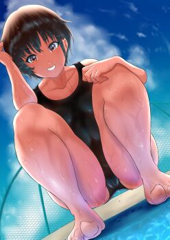 1girl breasts cameltoe chain-link_fence chinatsu_(uriens) collarbone competition_swimsuit fang fence from_below highres looking_at_viewer looking_down one-piece_swimsuit orange_eyes original parted_lips pool short_hair sky small_breasts solo squatting swimsuit tan thigh_focus thighs toes tomboy uriens wet wet_clothes wet_swimsuit