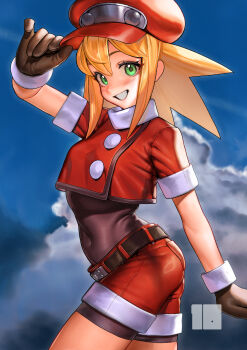1girl absurdres bike_shorts bike_shorts_under_shorts blonde_hair blush brown_gloves newsboy_cap covered_navel cropped_jacket gloves green_eyes hat highres holding jacket mega_man_(series) mega_man_legends_(series) nanja red_hat red_jacket red_shorts roll_caskett_(mega_man) shorts smile solo spandex