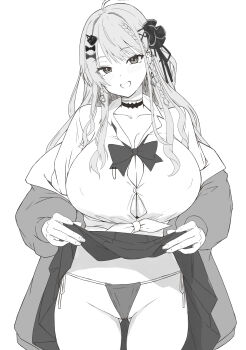 1girl absurdres ahoge bear_hair_ornament blush bow bowtie breasts button_gap choker cleavage clothes_lift collarbone collared_shirt covered_erect_nipples ear_piercing earrings ebi_193 fingernails gluteal_fold greyscale grin hair_bow hair_ornament hair_scrunchie hairclip highres huge_breasts jacket jewelry kuramochi_meruto kuramochi_meruto_(school_uniform) lifting_own_clothes long_hair long_sleeves looking_at_viewer monochrome nijisanji panties piercing scrunchie shirt simple_background skirt skirt_lift smile solo thighs tied_shirt underwear virtual_youtuber white_background