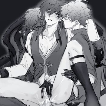 absurdres anal between_legs blush genshin_impact greyscale group_sex hand_between_legs highres leg_raise male_penetrated monochrome spread_legs tartaglia_(genshin_impact) threesome yaoi yunlousanbaich1 zhongli_(genshin_impact)