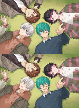 4boys :d ^_^ aqua_eyes aqua_hair arm_behind_head average_(oreviva) black_eyes black_hair black_shirt blue_eyes blue_sweater brown_cardigan brown_eyes brown_hair brown_hoodie cardigan cigarette circle_formation closed_eyes closed_mouth collared_shirt crew_neck curtained_hair drawstring facial_mark facing_viewer flipped_hair from_above glasses gradient_clothes gradient_jacket green_cardigan grey_jacket grin group_picture hair_between_eyes hand_on_own_chest hand_up highres hood hood_down hoodie isamu jacket looking_at_viewer lying male_focus meiya_(oreviva) multicolored_cardigan multicolored_hair multiple_boys nero-chan_(oreviva) official_art on_back on_grass open_clothes open_mouth open_shirt oretachi_no_yuu_viva! pink_cardigan pink_eyes putera_takahashi shirt smile split_screen streaked_hair striped_cardigan sweater undershirt unlit_cigarette_in_mouth upper_body white_hair white_shirt