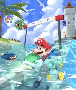 3boys absurdres bird blue_eyes blue_overalls blue_sky boots brown_boots brown_hair bubble captain_toad cloud cosmic_mario day facial_hair fish gloves green_shell_(mario) hat highres holding mario mario_(series) multiple_boys mustache nintendo outdoors overalls palm_tree penguin penguin_(mario) red_hat red_shirt sasaki_sakiko sea_slide_galaxy_(mario) shirt short_hair sky star_bit super_mario_galaxy toad_(mario) tower tree water white_gloves