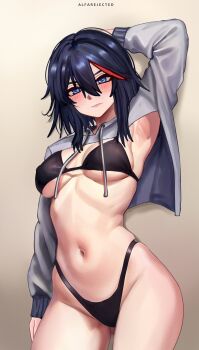 1girl absurdres alfarejected arm_at_side arm_up armpits artist_name bikini black_bikini black_hair blue_eyes blush breasts brown_background closed_mouth commentary covered_navel cowboy_shot cropped_hoodie gluteal_fold grey_hoodie hair_between_eyes highleg highleg_bikini highres hood hoodie kill_la_kill large_breasts long_sleeves looking_at_viewer matoi_ryuuko medium_hair multicolored_hair navel red_hair solo standing stomach streaked_hair swimsuit