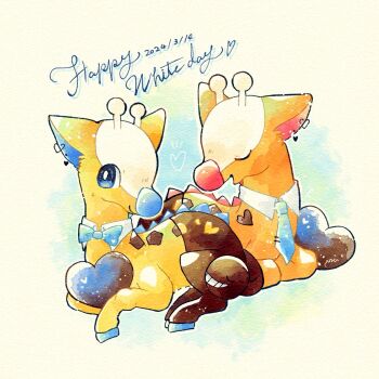 Rule 34 | alternate color, animal focus, black fur, blue bow, blue bowtie, blue eyes, blue necktie, bow, bowtie, bright pupils, closed eyes, dated, detached collar, earrings, full body, gen 2 pokemon, girafarig, giraffe horns, heart, highres, horns, jewelry, looking at viewer, lying, miketoevecan, necktie, nintendo, no humans, pokemon, pokemon (creature), pokemon focus, shiny and normal, shiny pokemon, simple background, white background, white day, white pupils, yellow fur