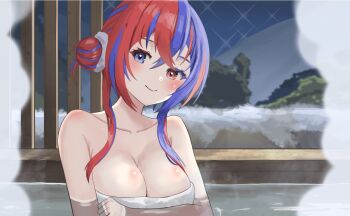 Rule 34 | 1girl, alternate hairstyle, bare shoulders, bath, bathing, blue eyes, blue hair, blush, breasts, cleavage, closed mouth, collarbone, commentary request, crossed bangs, female alear (fire emblem), fire emblem, fire emblem engage, hair between eyes, hair bun, hair ornament, hair scrunchie, heterochromia, highres, large breasts, looking at viewer, multicolored hair, naked towel, night, nintendo, onsen, outdoors, partially submerged, red eyes, red hair, scrunchie, short hair, short hair with long locks, sidelocks, smile, solo, split-color hair, steam, tarutaru193, towel, two-tone hair
