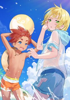 2boys adjusting_hair armpits arms_up artist_request ball beachball blonde_hair blue_eyes blue_male_swimwear blue_sky cloud cumulonimbus_cloud dark-skinned_male dark_skin day drawstring green_eyes hat hat_on_back highres holding holding_ball hood hooded_jacket jacket jket male_focus male_swimwear multiple_boys navel nipples official_art open_mouth orange_male_swimwear parted_lips pectorals red_hair second-party_source see-through_clothes see-through_jacket short_hair shota sky swim_trunks topless_male water water_drop webp-to-png_conversion