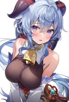 1girl ahoge aria_(ariacue) bare_shoulders bell blue_hair blush bow breasts commentary_request detached_sleeves ganyu_(genshin_impact) genshin_impact highres horns large_breasts long_hair looking_at_viewer low_ponytail neck_bell open_mouth ponytail purple_eyes sidelocks solo upper_body vision_(genshin_impact) white_background white_sleeves