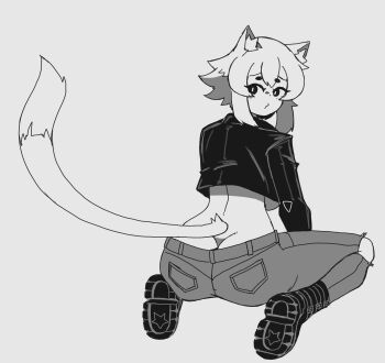 1girl _background absurdres animal_ear_fluff animal_ears ass black_boots black_eyes black_jacket boots breasts butt_crack cat_ears cat_girl cat_tail cropped_jacket doce downpants female_focus from_behind greyscale highres jacket looking_back monochrome original pants seiza short_hair sitting solo tail torn_clothes torn_pants underboob white_background xiao_(docecaedrus)
