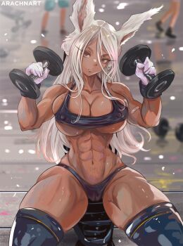 1girl abs animal_ears arachnart black_thighhighs boku_no_hero_academia breasts cameltoe cleavage cowboy_shot dark-skinned_female dark_skin dumbbell exercising gloves gym gym_uniform highres large_breasts long_hair mirko muscular muscular_arms muscular_female muscular_legs rabbit_ears revealing_clothes silver_hair sitting solo sportswear thick_thighs thighhighs thighs thong underboob undersized_clothes weightlifting weights white_gloves