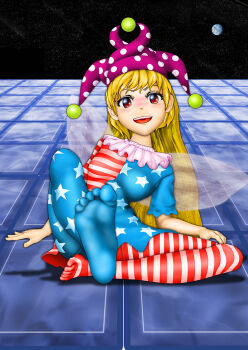 1girl american_flag_dress american_flag_legwear arm_support blonde_hair blush clownpiece earth_(planet) fairy_wings feet foot_focus hat jester_cap kams long_hair looking_at_viewer neck_ruff nose_blush open_mouth pantyhose planet polka_dot_headwear purple_hat red_eyes sitting soles solo star_(sky) teasing teeth touhou upper_teeth_only very_long_hair wings