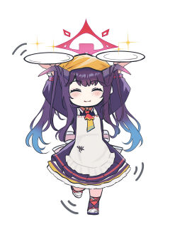1girl absurdres apron blue_archive chibi closed_eyes dancing fuuka_(blue_archive) halo highres himmel_gewalt horns long_hair plate smile sparkle standing standing_on_one_leg very_long_hair white_background