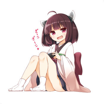 1girl ahoge ass bow breasts brown_hair commentary_request controller fang full_body game_controller headgear holding holding_controller holding_game_controller japanese_clothes medium_hair miniskirt obi playstation_controller pleated_skirt raised_eyebrows red_bow red_eyes sash sitting skin_fang skirt small_breasts socks solo touhoku_kiritan translation_request voiceroid white_socks wide_sleeves yume_no_owari