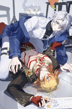 Rule 34 | 2boys, abs, absurdres, antenna hair, bare pectorals, belt, black belt, black jacket, black shirt, blonde hair, blue coat, blue eyes, boy on top, chest tattoo, chimera (honkai: star rail), coat, commission, facial tattoo, fingerless gloves, gem, gloves, gold necklace, gradient hair, hashtag-only commentary, highres, honkai: star rail, honkai (series), jacket, jewelry, lying, male focus, medium hair, multicolored hair, multiple boys, mydei (fig stew) (honkai: star rail), mydei (honkai: star rail), mydei (nylon japan) (honkai: star rail), necklace, official alternate costume, on back, open clothes, open coat, open jacket, pants, parted bangs, pectorals, phainon (honkai: star rail), phainon (nylon japan) (honkai: star rail), phainon (vigethos) (honkai: star rail), red gem, red gloves, red hair, red pants, red tattoo, shirt, short hair, tattoo, toned, toned male, turtleneck, turtleneck shirt, watermark, white hair, white pants, white shirt, yaoi, yellow eyes, yinbai