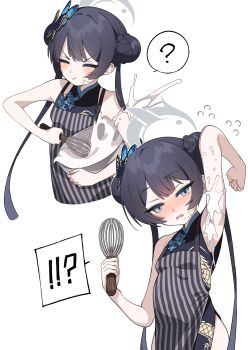 !? 1girl :i ? absurdres apron armpit_focus armpits bare_shoulders black_hair blue_archive blush bowl braid braided_bun butterfly_hair_ornament china_dress chinese_clothes closed_eyes commentary_request double_bun dragon_print dress grey_eyes grey_halo hair_bun hair_ornament halo highres holding holding_bowl je_o_mo kisaki_(blue_archive) long_hair presenting_armpit print_dress side_slit simple_background solo striped_clothes twintails vertical-striped_clothes whipped_cream whisk white_background