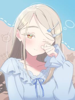 1girl blush commentary_request dress gakuen_idolmaster grey_hair highres idolmaster light_smile long_hair looking_at_viewer one_eye_closed orange_eyes ozuma_(takarinhoi0621) pajamas rubbing_eyes shinosawa_hiro solo upper_body