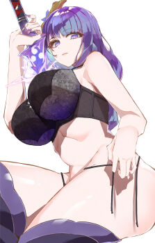 1girl absurdres alternate_breast_size_(larger) bare_arms bare_shoulders black_bra black_panties bra braid breasts commentary_request drawing_sword e_sky_rugo electricity from_below from_side genshin_impact gigantic_breasts glowing glowing_sword glowing_weapon hair_ornament highres holding holding_sword holding_weapon huge_breasts human_scabbard katana long_braid looking_down looking_to_the_side mitsudomoe_(shape) mole mole_under_eye multicolored_eyes musou_isshin_(genshin_impact) open_mouth panties purple_eyes purple_hair purple_nails purple_thighhighs raiden_shogun shade sideboob single_braid sitting solo stomach sword sword_between_breasts thick_thighs thighhighs thighs tomoe_(symbol) underwear upper_body weapon