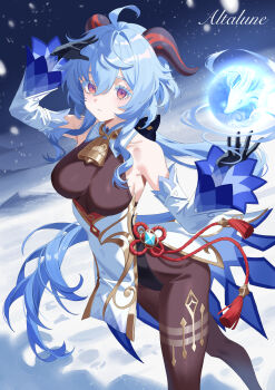 1girl absurdres ahoge altalune artist_name bare_shoulders bell black_gloves black_leotard black_pantyhose blue_hair bow breasts commentary commentary_request detached_sleeves english_commentary ganyu_(genshin_impact) genshin_impact gloves gold_trim highres horns jewelry leotard long_hair looking_at_viewer low_ponytail medium_breasts mixed-language_commentary neck_bell orb pantyhose ponytail purple_eyes qilin_(mythology) sidelocks solo standing tassel thighlet thighs vision_(genshin_impact) white_sleeves