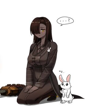 ... 1girl 99dulgi asymmetrical_bangs blush breasts brown_hair cleavage closed_mouth commentary_request dark-skinned_female dark_skin eyelashes hair_over_one_eye highres korean_commentary korean_text large_breasts limbus_company project_moon seiza simple_background sitting solo spoken_ellipsis sword translation_request very_dark_skin weapon white_background white_rabbit_(animal) yellow_eyes zilu_(project_moon)