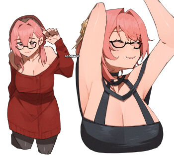 1girl alternate_costume blush breasts cleavage closed_mouth collarbone cosplay cowboy_shot glasses hair_between_eyes highres large_breasts long_hair looking_at_viewer multiple_views pink_eyes pink_hair sidelocks simple_background smile tsukishiro_yanagi upper_body white_background wokiiarts yor_briar_(cosplay) zenless_zone_zero