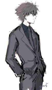 Rule 34 | 1boy, black shirt, closed mouth, collared shirt, formal clothes, grey hair, grey necktie, grey suit, hands in pockets, highres, male focus, nagisa kaworu, necktie, neon genesis evangelion, shirt, short hair, signature, simple background, solo, suit, unfinished, white background, yorumi1117