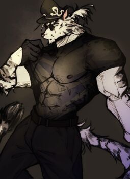 1boy abs animal_ears bara biceps black_hat black_pants black_shirt closed_mouth commentary dislyte english_commentary furry furry_male hat highres jin_qiu_(ru_shou)_(dislyte) looking_to_the_side male_focus muscular muscular_male nadhilm nipples pants pectorals pulling_own_clothes see-through_clothes shirt sunglasses sweatdrop tail tiger tiger_boy tiger_ears tiger_tail white_fur white_tiger