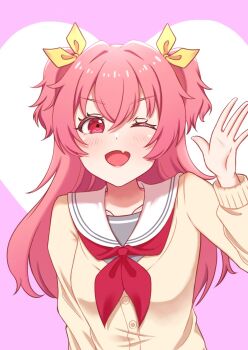 1girl ;d blush breasts cardigan collarbone commentary crossed_bangs dot_nose fang grey_shirt hair_between_eyes hair_ribbon hand_up heart heart_background highres long_hair long_sleeves looking_at_viewer mano_409 medium_breasts miyamasuzaka_girls&#039;_academy_school_uniform momoi_airi neckerchief one_eye_closed open_mouth pink_background pink_hair project_sekai red_eyes red_neckerchief ribbon sailor_collar school_uniform serafuku shirt sidelocks simple_background skin_fang smile solo two_side_up upper_body white_sailor_collar yellow_cardigan yellow_ribbon