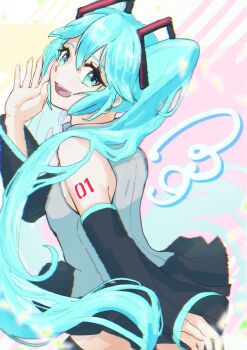 Rule 34 | 1girl, absurdres, black skirt, blue eyes, blue hair, breasts, chromatic aberration, commentary request, detached sleeves, drawn wings, eyelashes, glitch, grey shirt, hair between eyes, hatsune miku, highres, long hair, looking at viewer, looking back, miku day, murase (muraselelait), number tattoo, open mouth, pleated skirt, see-through clothes, see-through sleeves, shirt, shoulder tattoo, sideboob, skirt, sleeveless, sleeveless shirt, solo, tattoo, twintails, very long hair, vocaloid