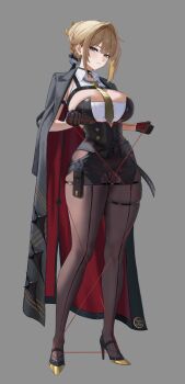 1girl alternate_costume black_choker black_coat black_gloves black_pantyhose blonde_hair breasts chest_harness choker coat coat_on_shoulders evelyn_chevalier frown full_body gaitoou gloves grey_background harness high_heels highres large_breasts looking_at_viewer pantyhose purple_eyes ring_hair_ornament solo thick_thighs thighs thread zenless_zone_zero