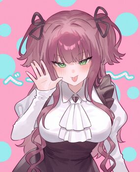 1girl ascot black_skirt breasts collared_shirt commission fymrie green_eyes hair_ribbon hand_up high-waist_skirt juliet_sleeves large_breasts long_hair long_sleeves looking_at_viewer original pink_background puffy_sleeves red_hair ribbon shirt skirt solo tongue tongue_out two_side_up upper_body v-shaped_eyebrows wavy_hair white_shirt