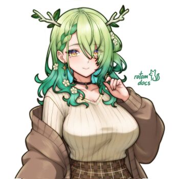 1girl antlers artist_name black_choker braid breasts brown_cardigan brown_skirt brown_sweater cardigan ceres_fauna choker closed_mouth collarbone commentary commission earrings english_commentary eyes_visible_through_hair flower green_hair hair_flower hair_ornament highres hololive hololive_english horns jewelry large_breasts long_hair looking_at_viewer mole mole_under_eye off_shoulder open_cardigan open_clothes plaid_clothes plaid_skirt rotomdocs simple_background skirt smile solo sweater sweater_tucked_in upper_body virtual_youtuber white_background yellow_eyes