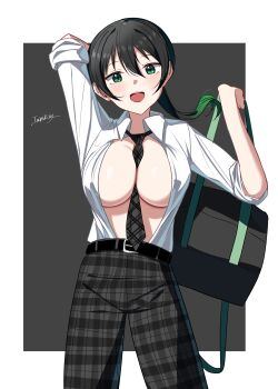 1girl :d absurdres alternate_breast_size_(larger) arm_up bag between_breasts black_background black_hair black_pants border breasts collared_shirt colored_tips commentary_request cowboy_shot gradient_hair green_hair gyarugasaki highres holding holding_bag huge_breasts long_hair looking_at_viewer love_live! love_live!_nijigasaki_high_school_idol_club multicolored_hair necktie necktie_between_breasts no_bra open_clothes open_mouth open_shirt outside_border pants plaid_clothes plaid_necktie plaid_pants ponytail school_bag shirt signature simple_background smile solo standing takasaki_yu tarakon white_border white_shirt