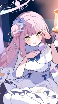 1girl absurdres black_scrunchie blue_archive blue_bow blue_bowtie bow bowtie buttons capelet commentary_request crescent curtains dark_room double-breasted dress feathered_wings flower frilled_dress frills from_above gold_trim hair_bun hair_flower hair_ornament halo hand_mirror highres holding indoors kerosene_lamp long_hair looking_at_mirror low_wings mika_(blue_archive) mirror pantyhose pekeko_(pepekekeko) pimple pink_hair pink_halo purple_flower scrunchie sidelocks single_hair_bun sitting sleeveless sleeveless_dress solo sweat translation_request very_long_hair white_capelet white_dress white_pantyhose white_wings wings wrist_scrunchie yellow_eyes yokozuwari