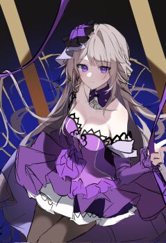 Rule 34 | 1girl, blue background, braid, breasts, brown hair, cleavage, detached collar, flower, hair flower, hair ornament, hashtag-only commentary, herta (honkai: star rail), highres, honkai: star rail, honkai (series), kom376986, long hair, medium breasts, off shoulder, official alternate costume, pantyhose, purple eyes, sitting, the herta (honkai: star rail), the herta (star rail live 2025) (honkai: star rail), very long hair