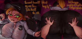 1girl age_difference anus anus_visible_through_clothes artist_logo ass bent_over blush breasts comic commentary english_commentary english_text five_nights_at_freddy&#039;s five_nights_at_freddy&#039;s:_security_breach flashlight from_above from_behind from_below grabbing_another&#039;s_ass greatestgori green_eyes gregory_(fnaf) groping hanging_breasts hat highres holding huge_ass huge_breasts logo long_hair mature_female nipples onee-shota security_guard see-through_clothes shota skin_tight smell smelling smelling_ass smelling_clothes smelling_pussy snort spread_anus spread_ass spreading_another&#039;s_ass steaming_body sweat sweaty_clothes talking text_focus vanessa_(fnaf) very_sweaty