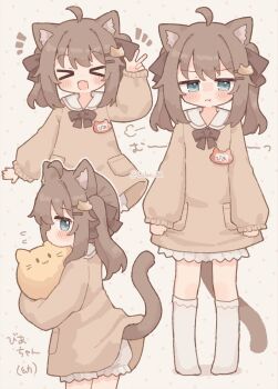 >_< 1girl :d :t ahoge animal_ear_fluff animal_ears blobcat bloomers blue_eyes blush_stickers bow brown_dress brown_hair brown_theme cat_ears cat_girl cat_hair_ornament cat_tail closed_eyes closed_mouth colon_br commentary_request dress fang flying_sweatdrops full_body hair_ornament hand_up highres kneehighs long_sleeves looking_at_viewer looking_to_the_side multiple_views name_tag no_shoes open_mouth original pigeon-toed pout sailor_collar skin_fang smile socks tail twintails underwear v-shaped_eyebrows w white_bloomers white_sailor_collar white_socks