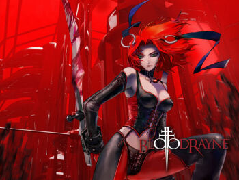 1girl armor blood bloodrayne bloodrayne_(videogame) bow breasts choker cleavage collar dhampir elbow_gloves female_focus gloves green_eyes half-human jewelry large_breasts leather lingerie necklace red_hair red_theme ribbon solo thighhighs undead underwear vampire