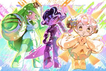 Rule 34 | 3girls, bodysuit, chibi, choco drizzle cookie, cookie run, cookie run: kingdom, green eyes, green hair, green tea mousse cookie, highres, hime cut, holding, holding shield, humanization, long hair, looking at viewer, multiple girls, pcacao, pudding a la mode cookie, shield, simple background, smile, straight hair, white background, white bodysuit